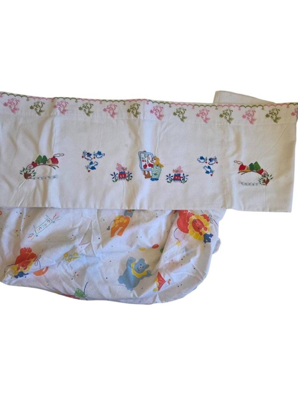 Vtg Softcare Apparel Circus & Embroidered Flat Sheet Cotton Made in USA 1987